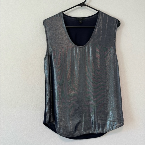 J.Crew Metallic Front Silk Blend Curved Hem Scoop Neck Blue Sleeveless Top Small - Picture 3 of 14